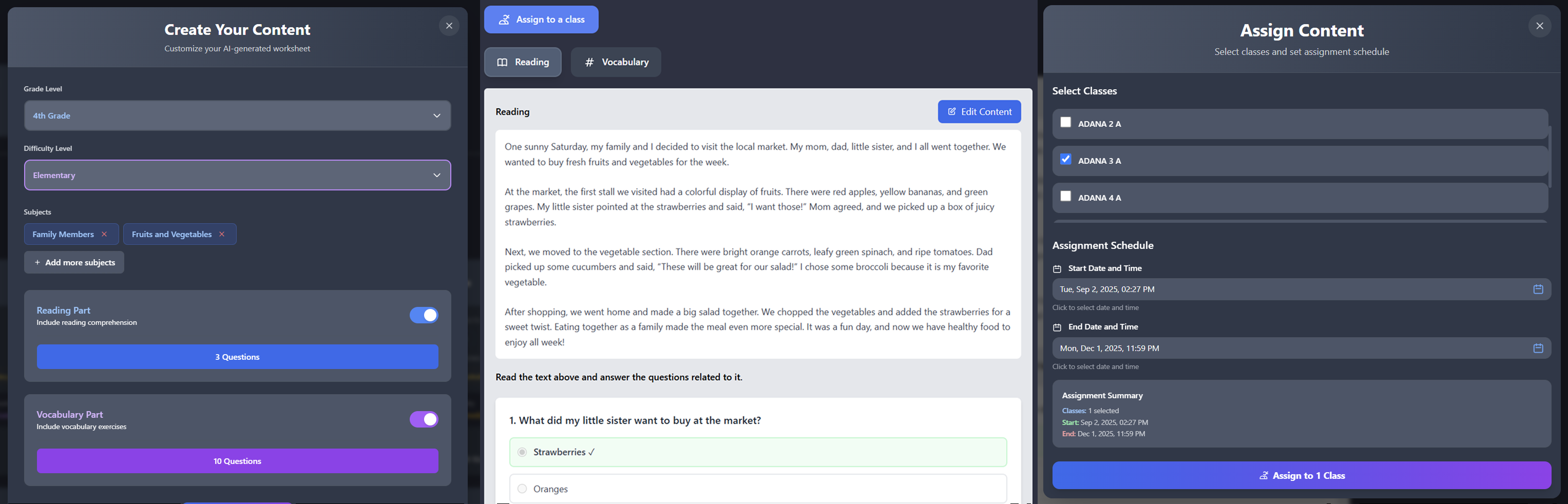 AI Homework Creator interface showing generated assignments